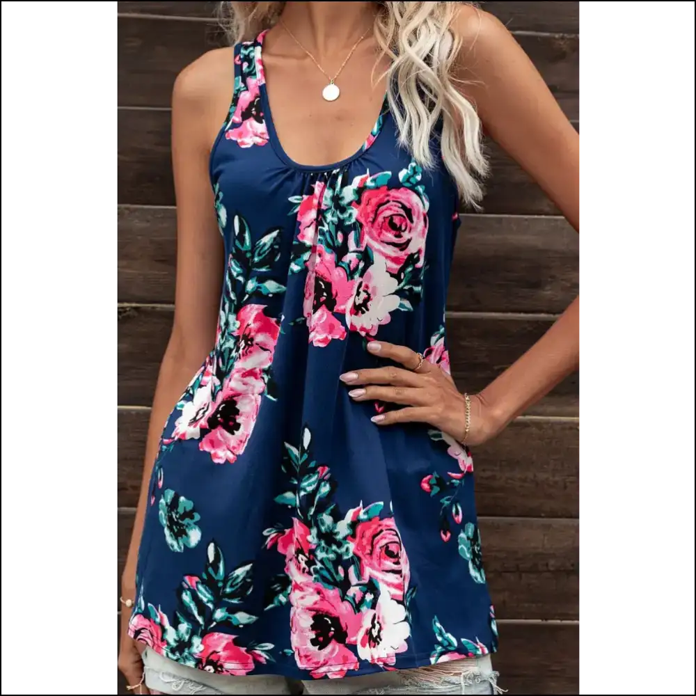 Floral Scoop Neck Tank Top - Chic & Casual Style - Navy / l - Tops on Sale Worldwide Shipping