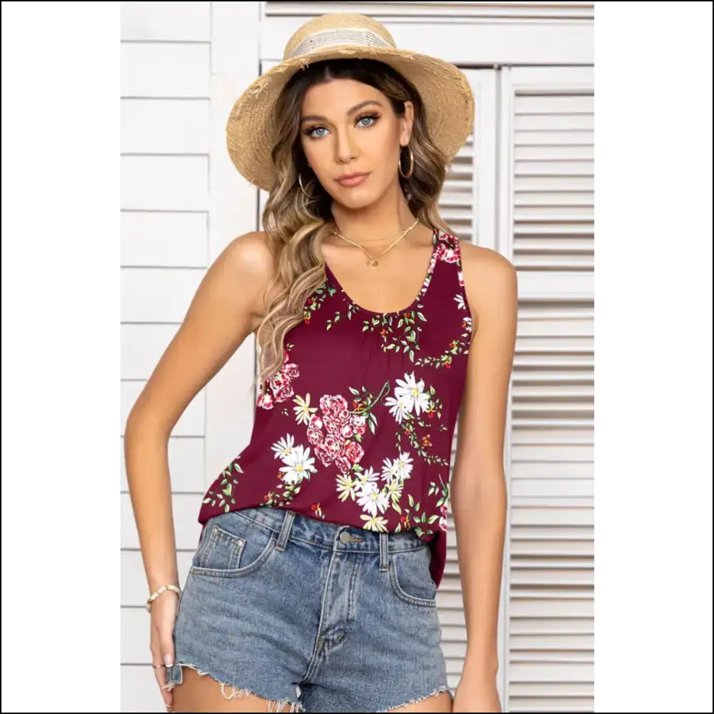 Floral Scoop Neck Tank Top - Chic & Casual Style - Red / m - Tops on Sale Worldwide Shipping
