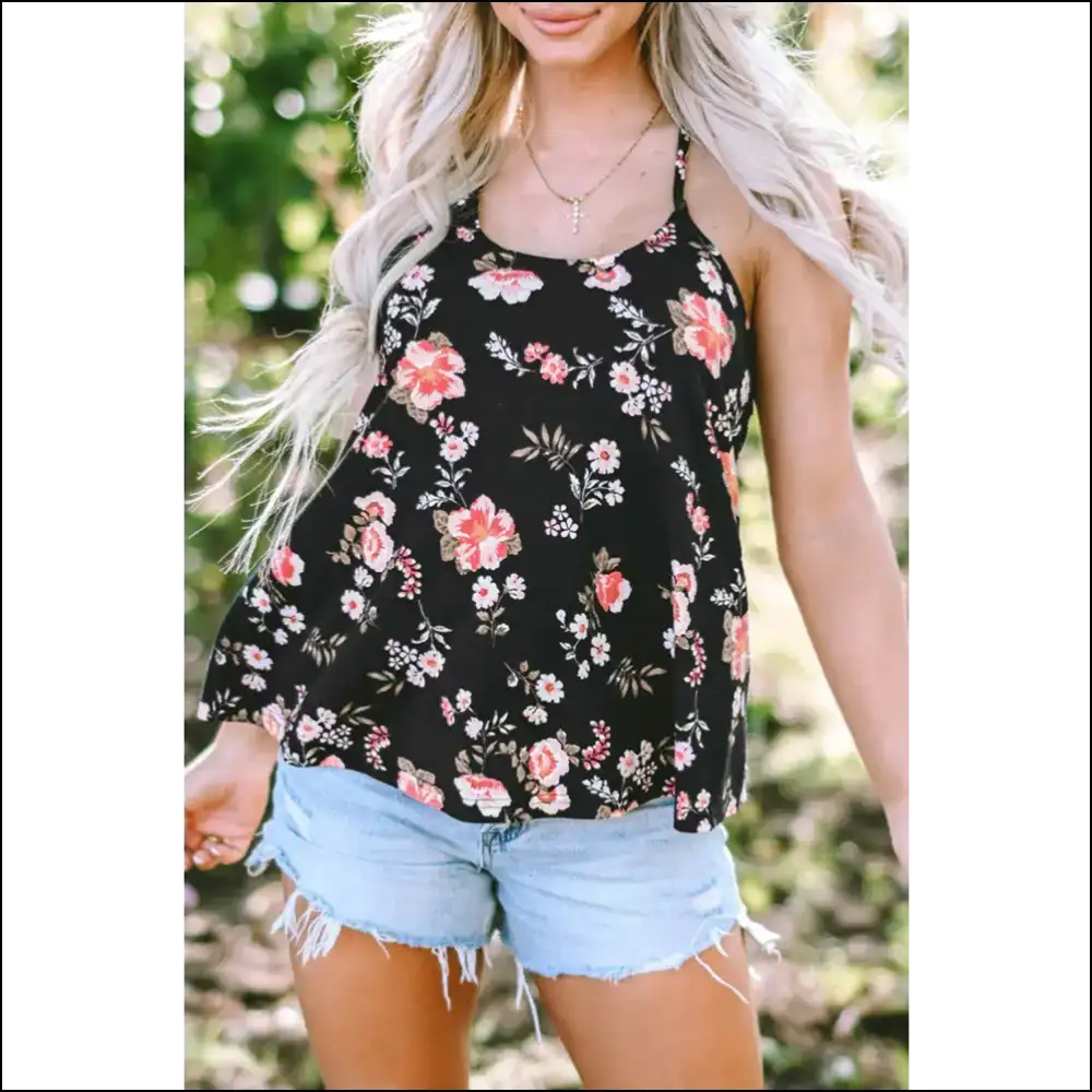 Floral Spaghetti Strap Cami Dress - Black / m - Tank Tops on Sale Worldwide Shipping