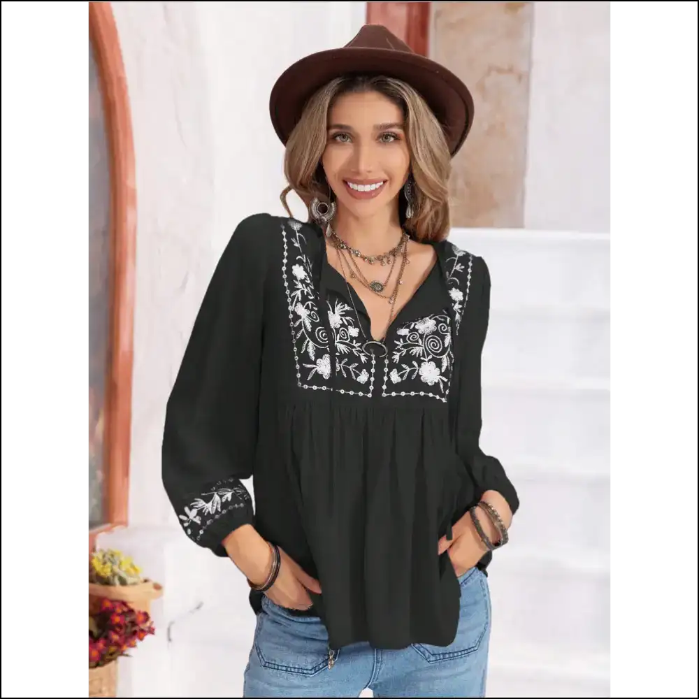 Floral Tie Neck Balloon Sleeve Blouse - Black / s - Blouses on Sale Worldwide Shipping
