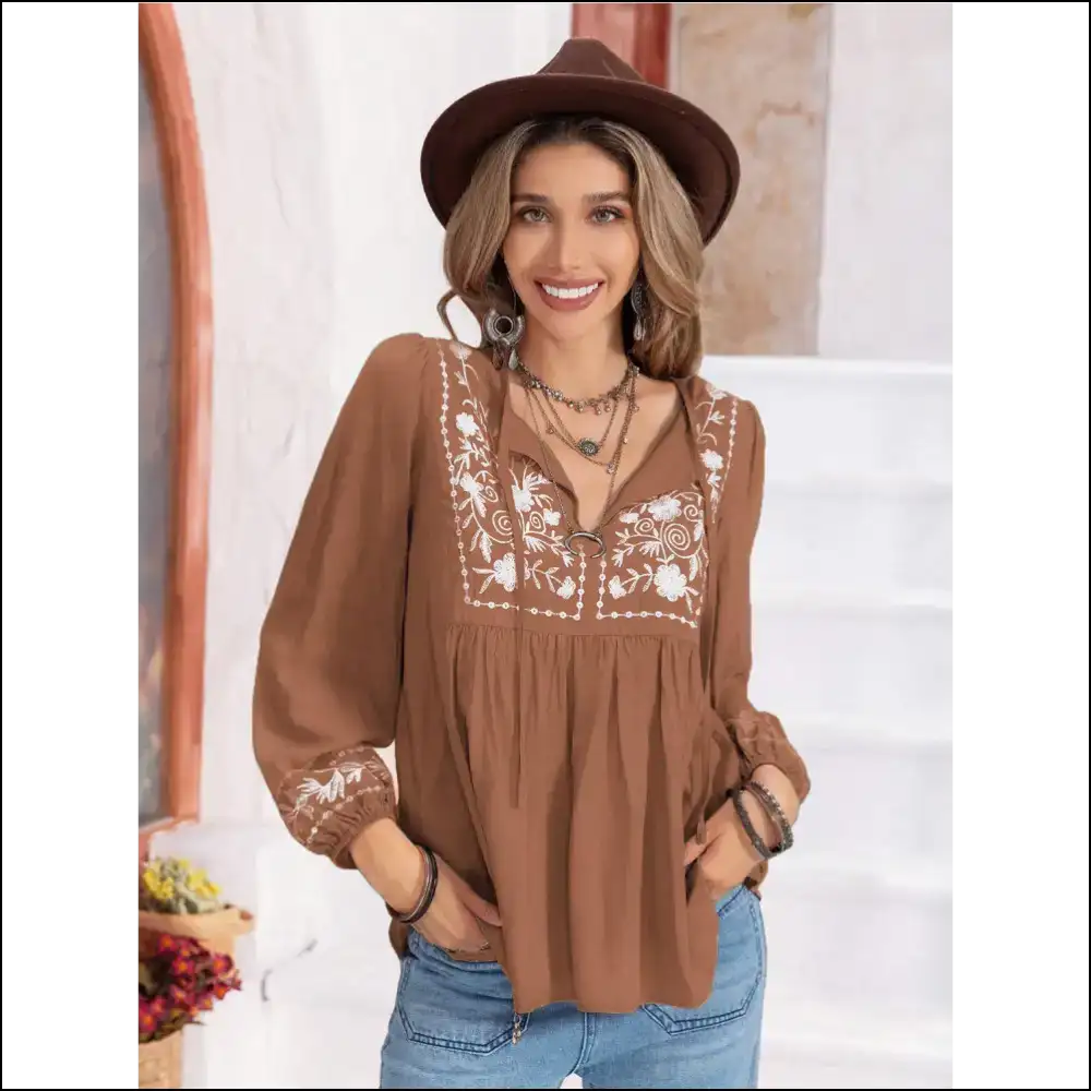 Floral Tie Neck Balloon Sleeve Blouse - Camel / m - Blouses on Sale Worldwide Shipping