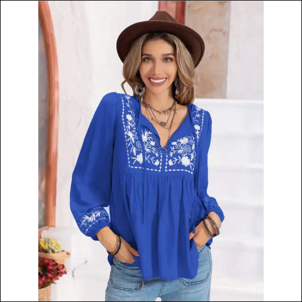 Floral Tie Neck Balloon Sleeve Blouse - Royal Blue / l - Blouses on Sale Worldwide Shipping