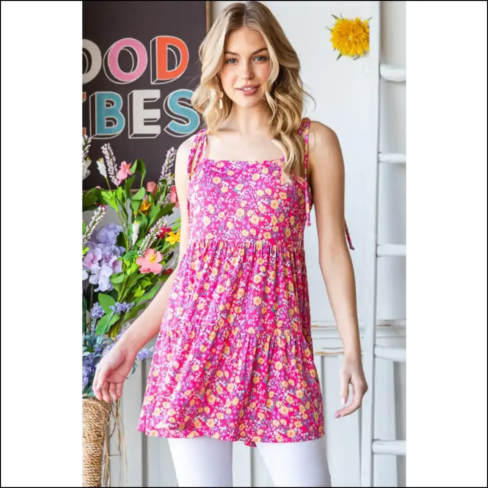 Floral Tie Shoulder Tiered Cami - Effortlessly Chic - Tank Tops on Sale Worldwide Shipping