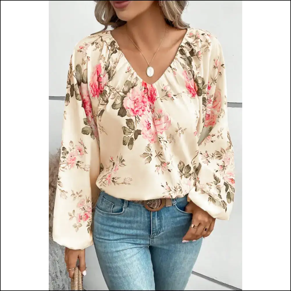 Floral V-neck Balloon Sleeve Blouse - Beige / s - Blouses on Sale Worldwide Shipping