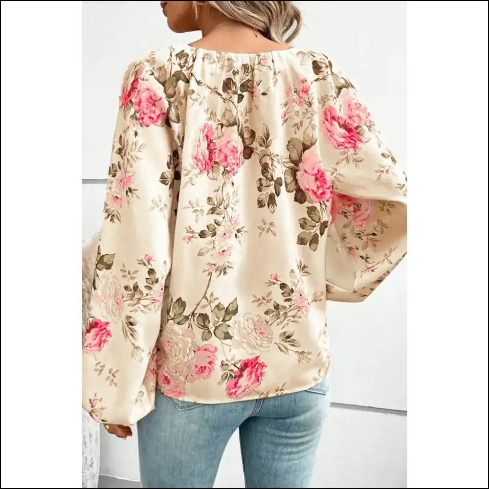 Floral V-neck Balloon Sleeve Blouse - Blouses on Sale Worldwide Shipping