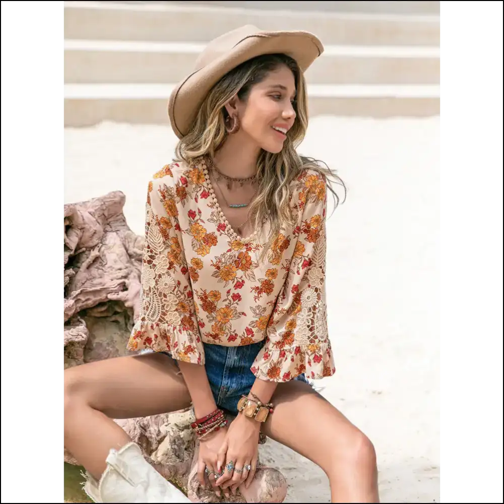 Floral V-neck Lace Blouse - Blouses on Sale Worldwide Shipping