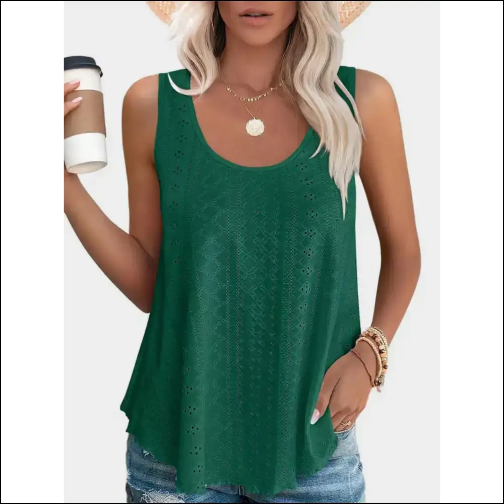 Florira Eyelet Round Neck Tank - Dark Green / s - Tops on Sale Worldwide Shipping