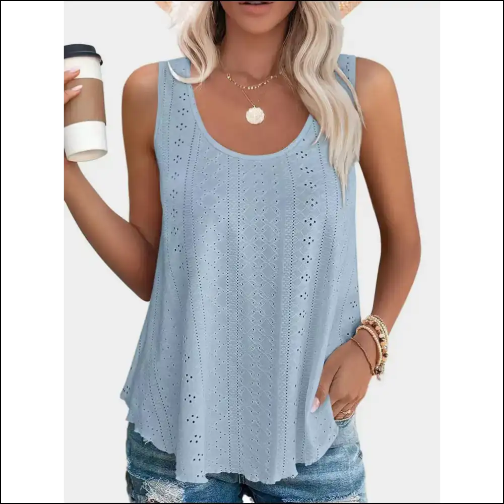 Florira Eyelet Round Neck Tank - Light Blue / s - Tops on Sale Worldwide Shipping