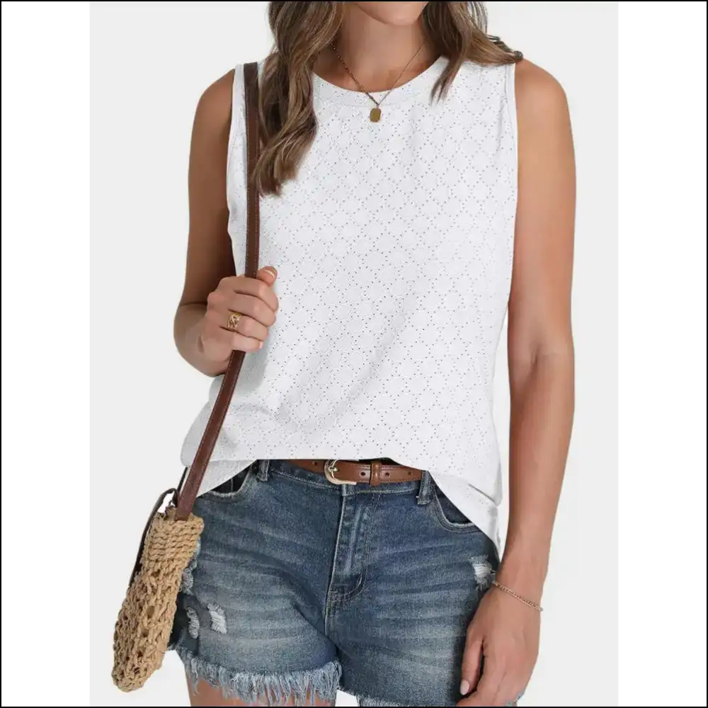 Florira Eyelet Round Neck Tank - White / s - Tops on Sale Worldwide Shipping