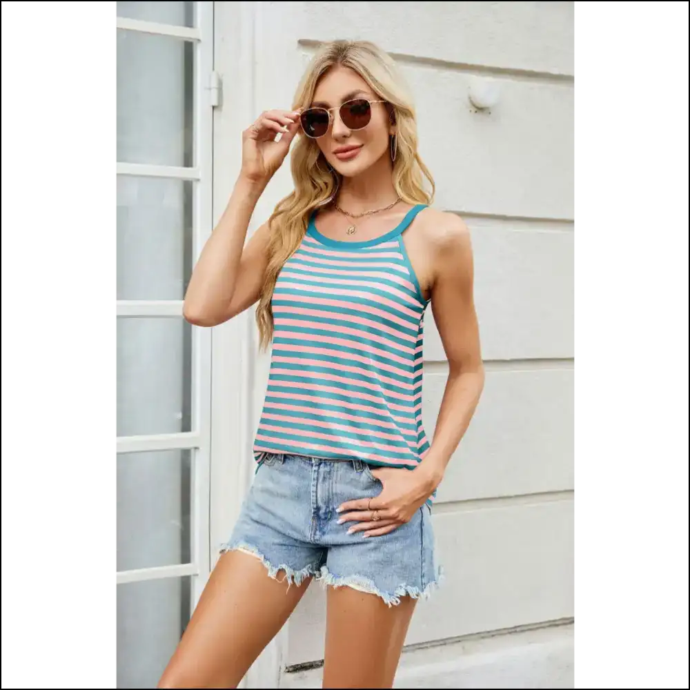 Florira Striped Round Neck Cami - Chic & Trendy - Teal / m - Tank Tops on Sale Worldwide Shipping