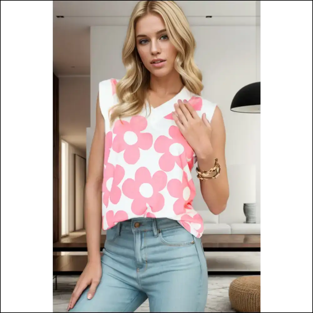 Flower Power V-neck Tank Top - Blush Pink / m - Tops on Sale Worldwide Shipping
