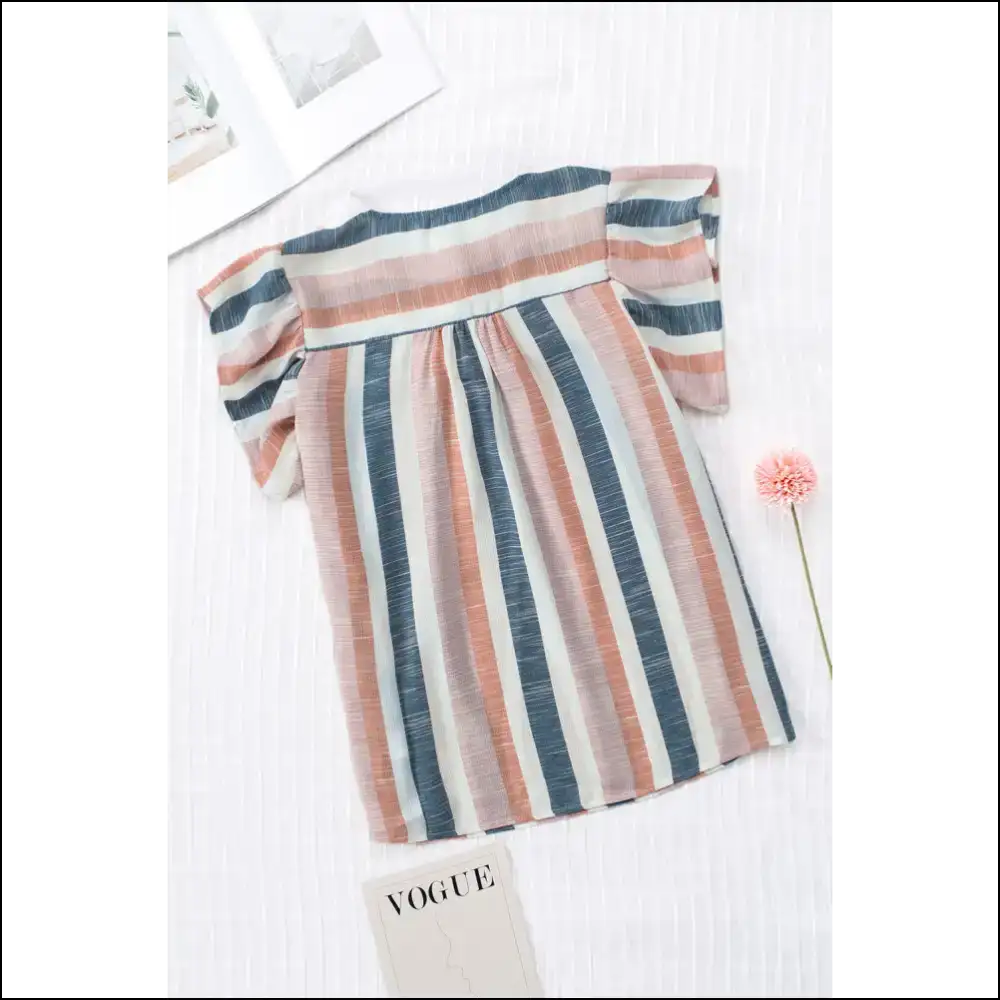 Flutter Sleeve v Neck Blouse: Blue Stripes of Slay! Blouses on Sale Worldwide Shipping