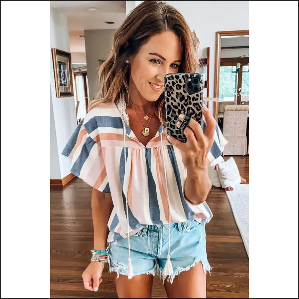 Flutter Sleeve v Neck Blouse: Blue Stripes of Slay! Blouses on Sale Worldwide Shipping
