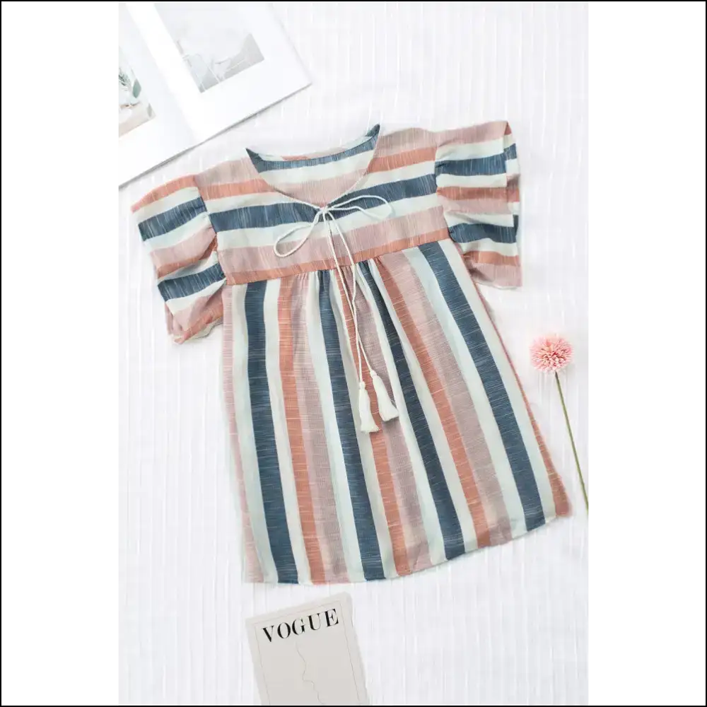 Flutter Sleeve v Neck Blouse: Blue Stripes of Slay! Blouses on Sale Worldwide Shipping