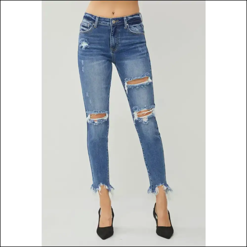 Fray your Worries Away: Embrace the Risen Distressed Slim Jeans! - Dark / Jeans on Sale Worldwide Shipping