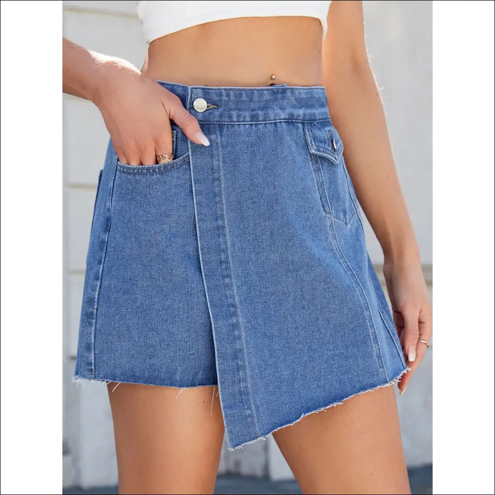 Frayed Hem Asymmetrical Denim Skort - Trendy & Chic - Medium / s - Skorts Shorts on Sale Worldwide Shipping