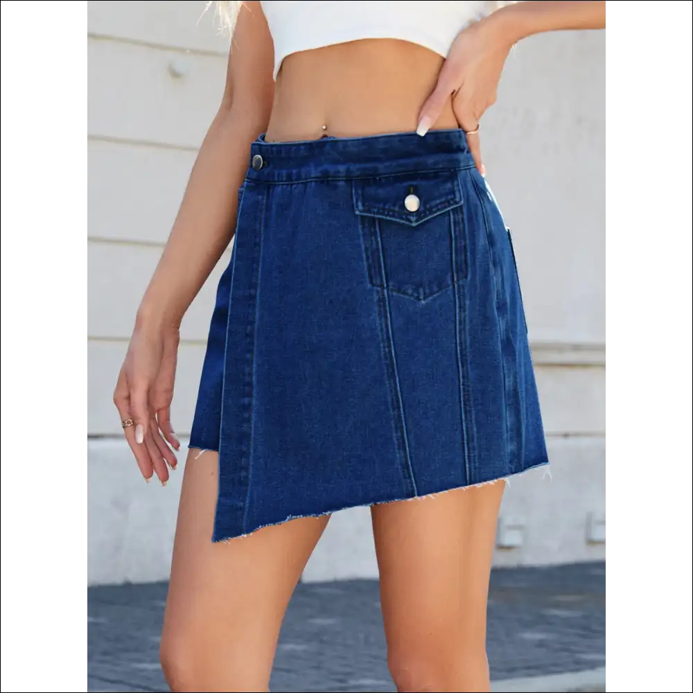 Frayed Hem Asymmetrical Denim Skort - Trendy & Chic - Skorts Shorts on Sale Worldwide Shipping