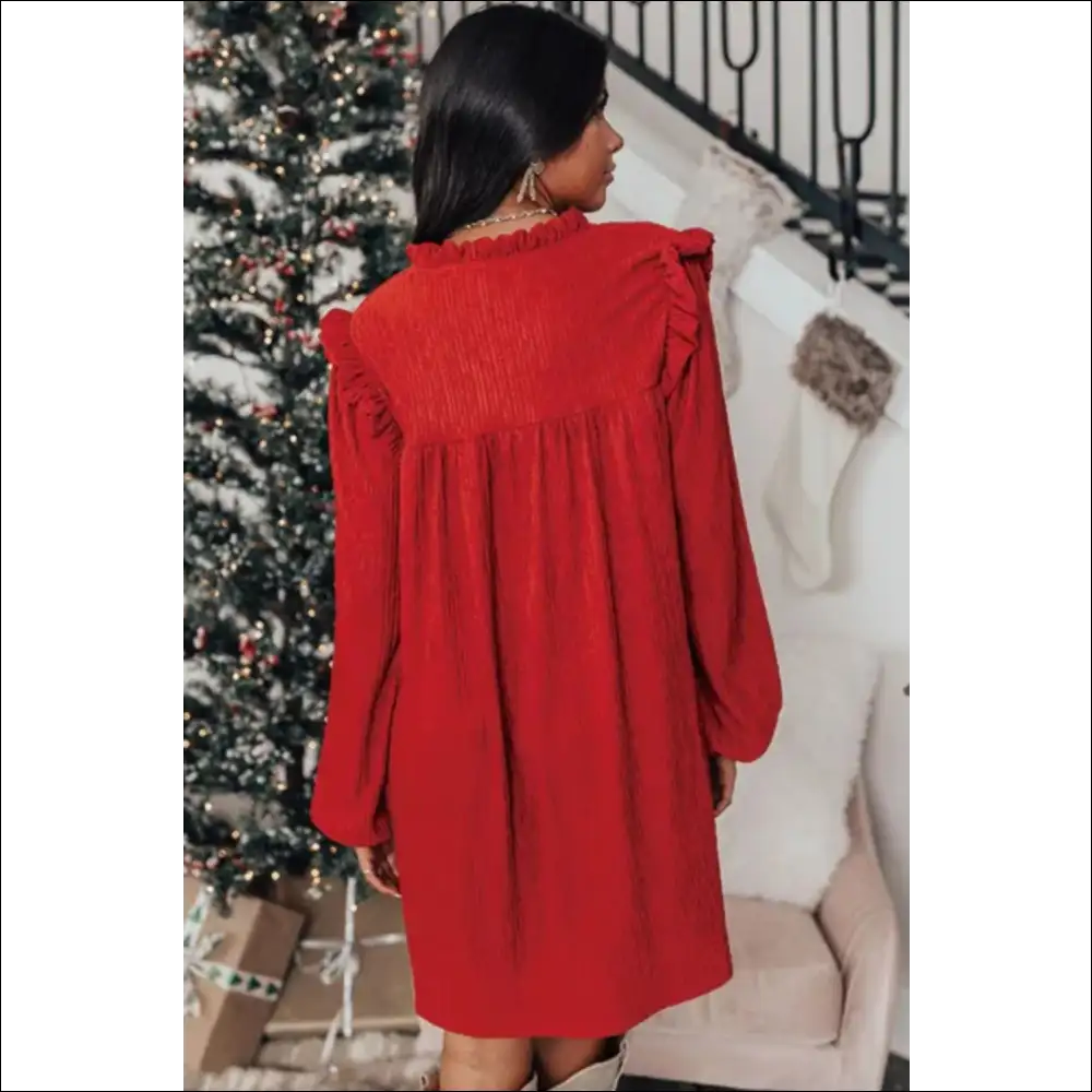 Frill Notched Long Sleeve Dress - Dresses on Sale Worldwide Shipping