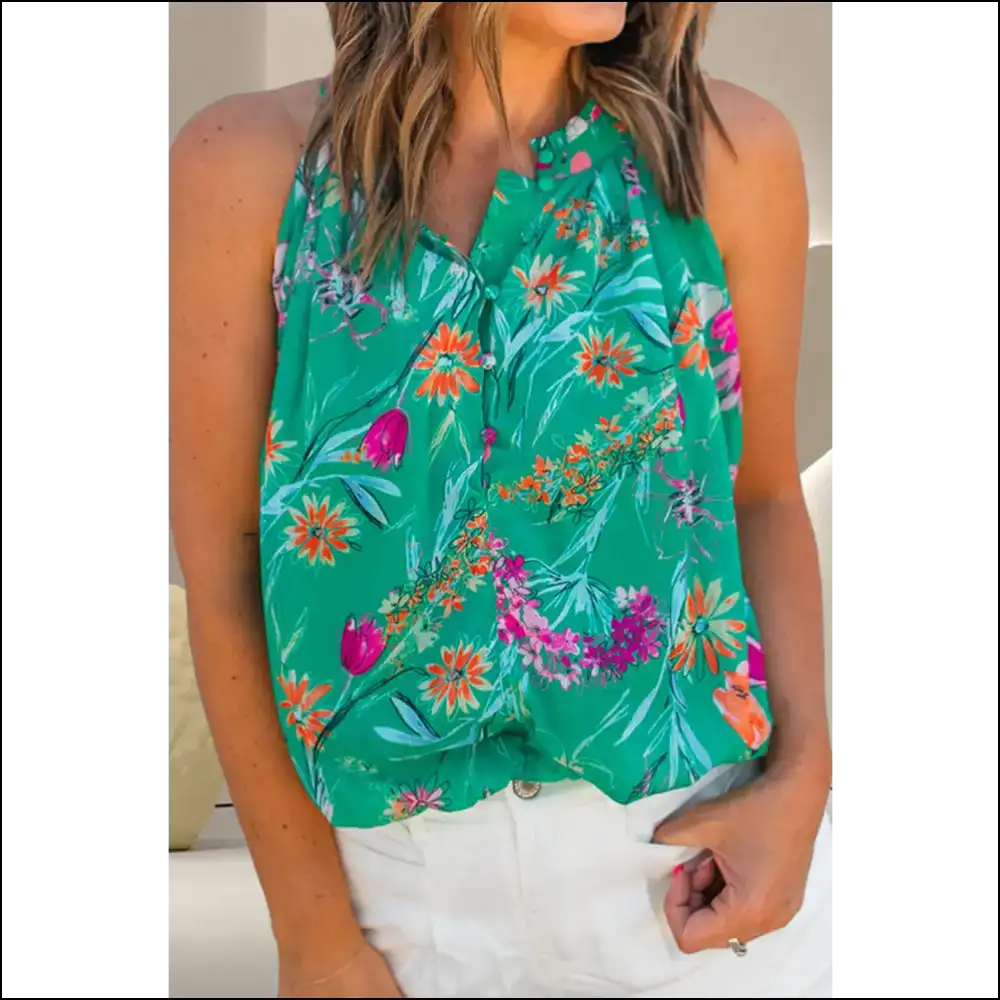 Frill Printed Grecian Tank - Chic & Playful Style - Turquoise / Xl - Tops on Sale Worldwide Shipping