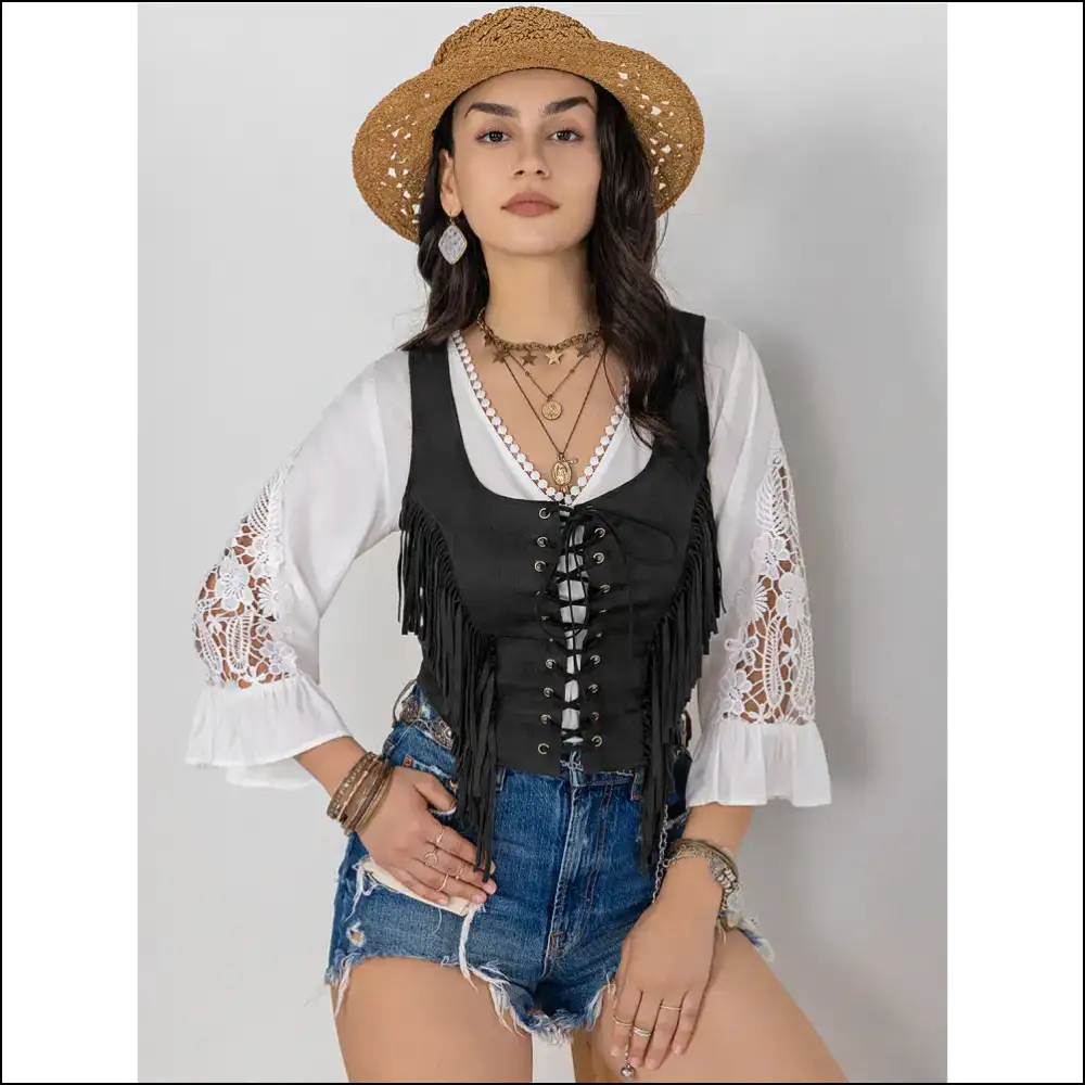Fringe Lace-up Vest - Sexy & Stylish Top - Black / m - Tank Tops on Sale Worldwide Shipping
