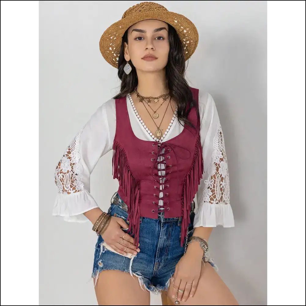 Fringe Lace-up Vest - Sexy & Stylish Top - Red Dahlia / m - Tank Tops on Sale Worldwide Shipping