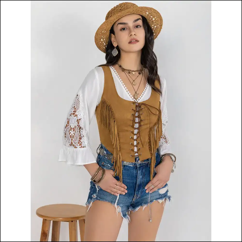 Fringe Lace-up Vest - Sexy & Stylish Top - Tan / Xl - Tank Tops on Sale Worldwide Shipping