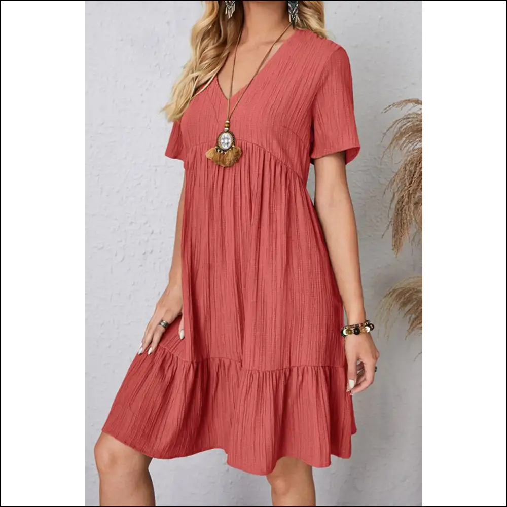 Sassy Ruched V-neck Short Sleeve Dress - Coral / m - Dresses on Sale Worldwide Shipping