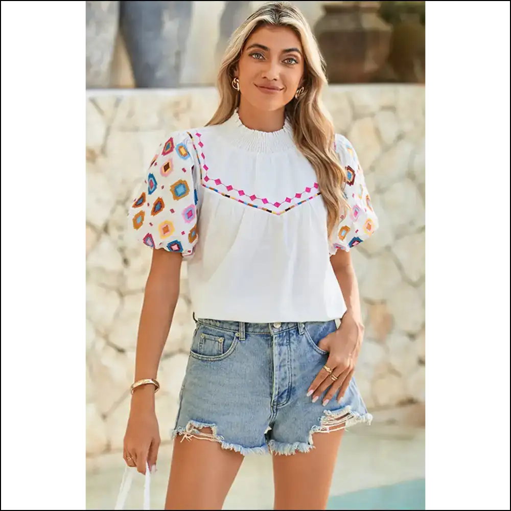 Geometric Embroidered Puff Sleeve: Queen Blouse 👑 Needful Things - Blouses on Sale Worldwide Shipping