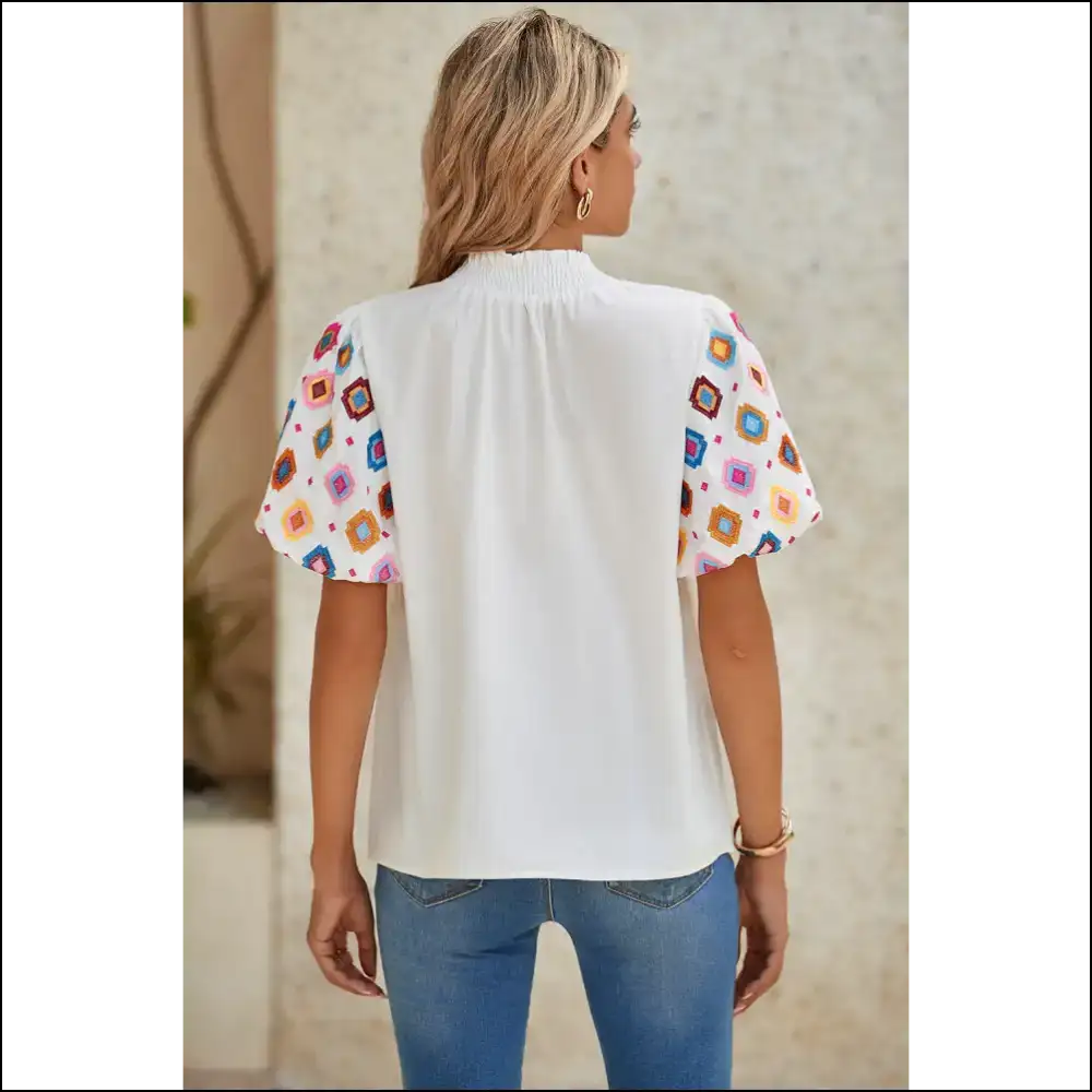 Geometric Embroidered Puff Sleeve: Queen Blouse 👑 Needful Things - Blouses on Sale Worldwide Shipping