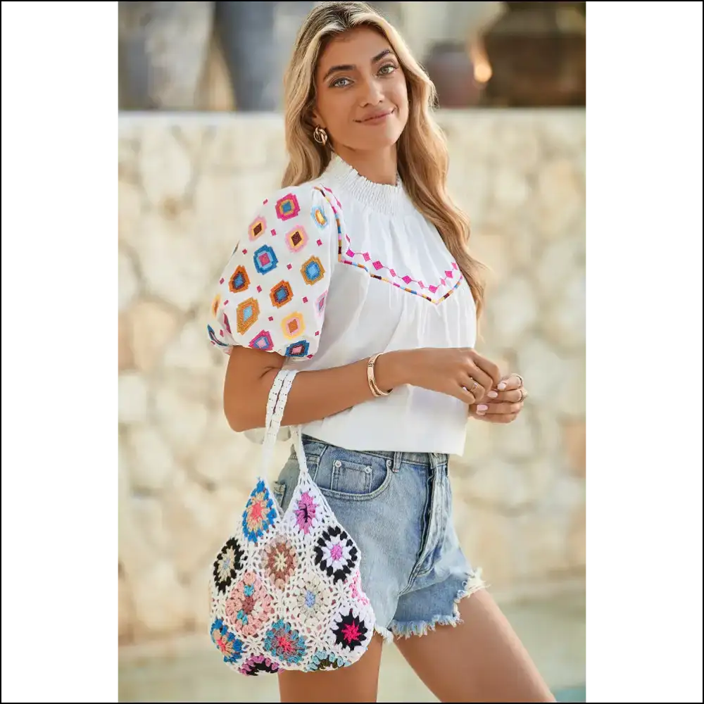 Geometric Embroidered Puff Sleeve: Queen Blouse 👑 Needful Things - Blouses on Sale Worldwide Shipping