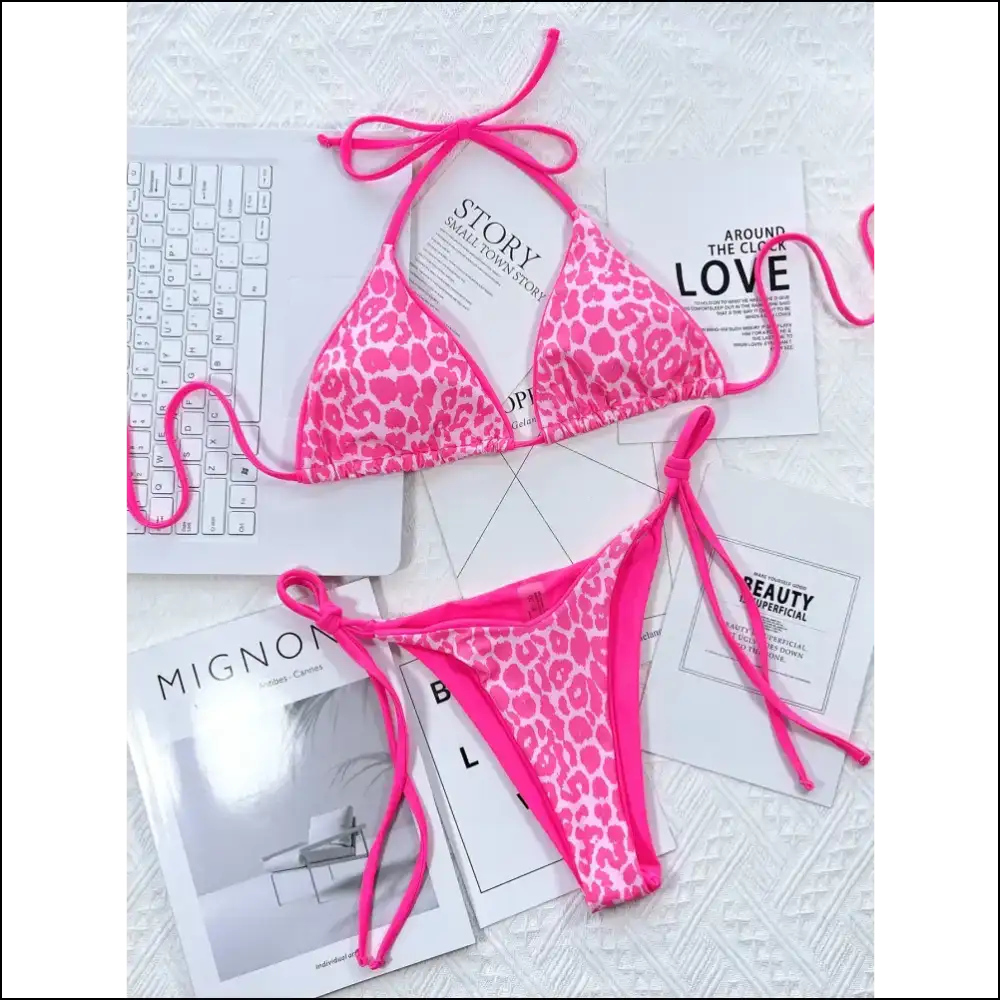 Get Wild in Style with Needful Things Leopard Print Halter Bikini! πβ¨ - Hot Pink / m - Bikini Sets on Sale Worldwide Shipping