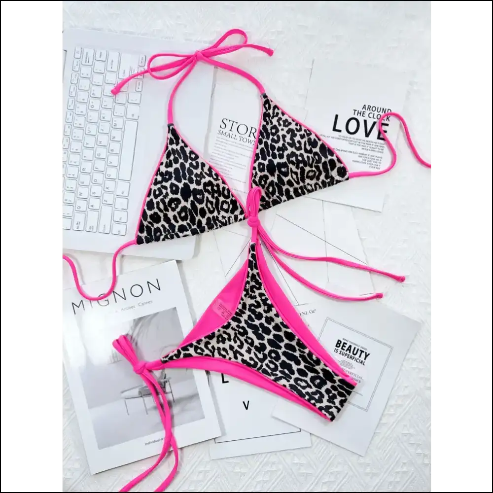 Get Wild in Style with Needful Things Leopard Print Halter Bikini! πβ¨ - Pink / m - Bikini Sets on Sale Worldwide Shipping