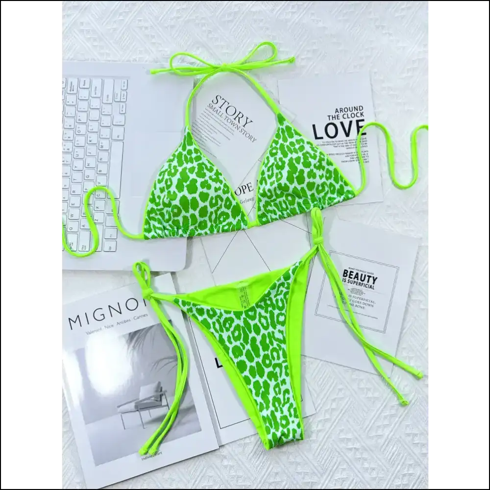 Get Wild in Style with Needful Things Leopard Print Halter Bikini! πβ¨ - Mint Green / m - Bikini Sets on Sale Worldwide Shipping