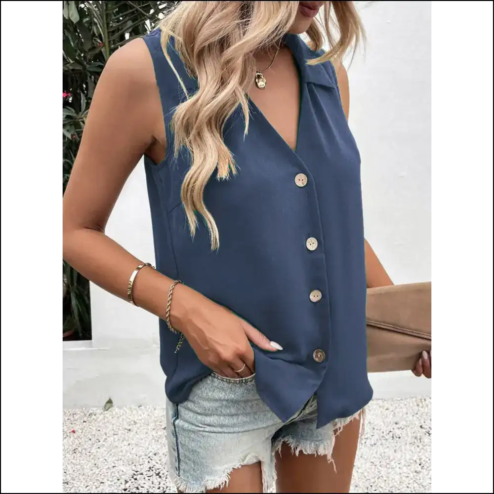 Get your Chic Johnny Collar Tank and Slay the Style Game Trendsetter! 😎✨ - Dusk Blue / s - Tops on Sale Worldwide Shipping
