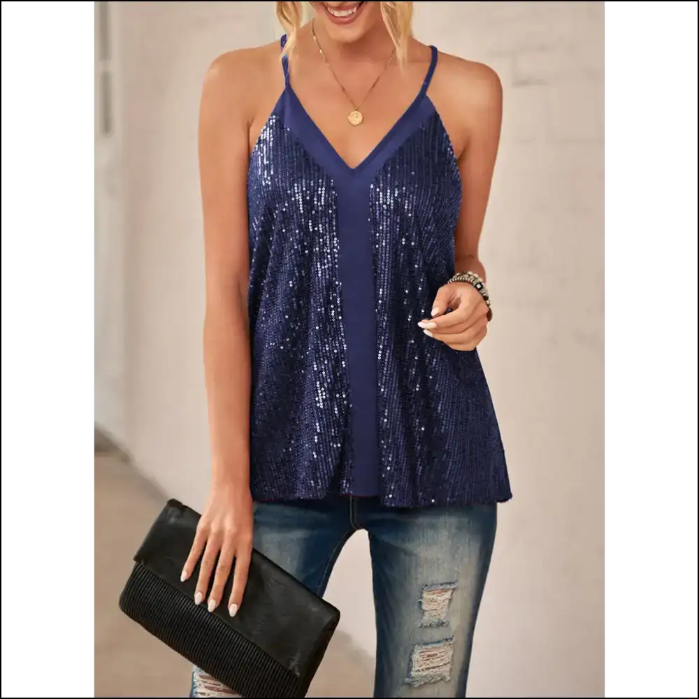 Glam Sequin Racerback Tank Top - Blue / l - Tops on Sale Worldwide Shipping