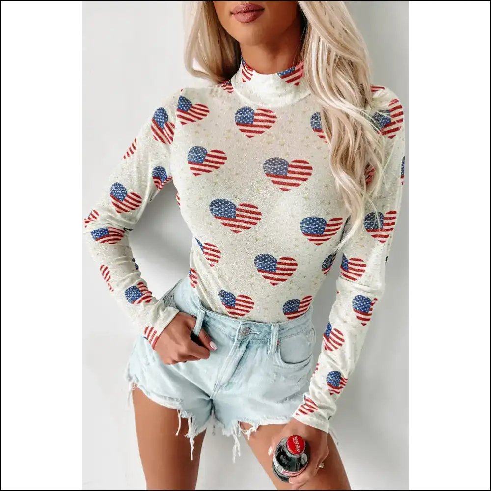 Glitter Heart Usa Flag Bodysuit: Star Spangled Slay 🇺🇸❤️✨ - White / s - Bodysuit on Sale Worldwide Shipping