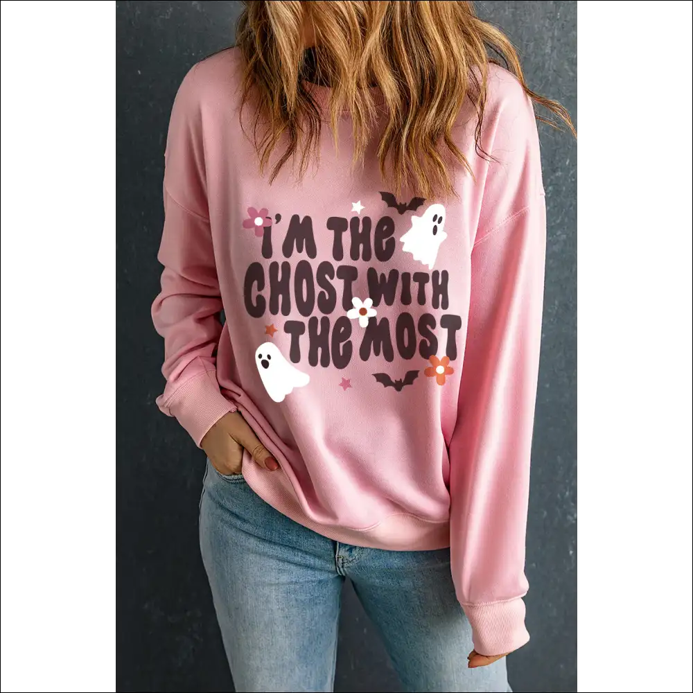 Graphic Round Neck Long Sleeve Sweatshirt - Blush Pink / l - Sweatshirts & Hoodies on Sale Worldwide Shipping