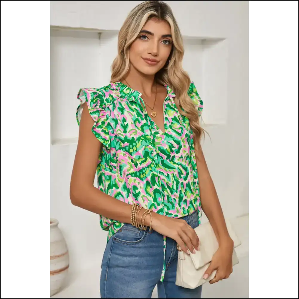 Green Abstract Print Ruffle: Nature’s Hug (needful Things) 🌿 - Sleeveless Tops Tank on Sale Worldwide Shipping