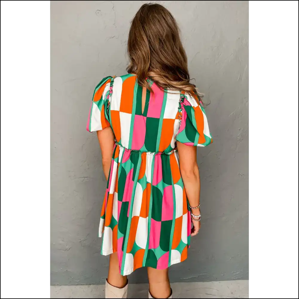 Green Abstract Puff Sleeve Short Dress: Runway Ready ๐ - Dresses on Sale Worldwide Shipping