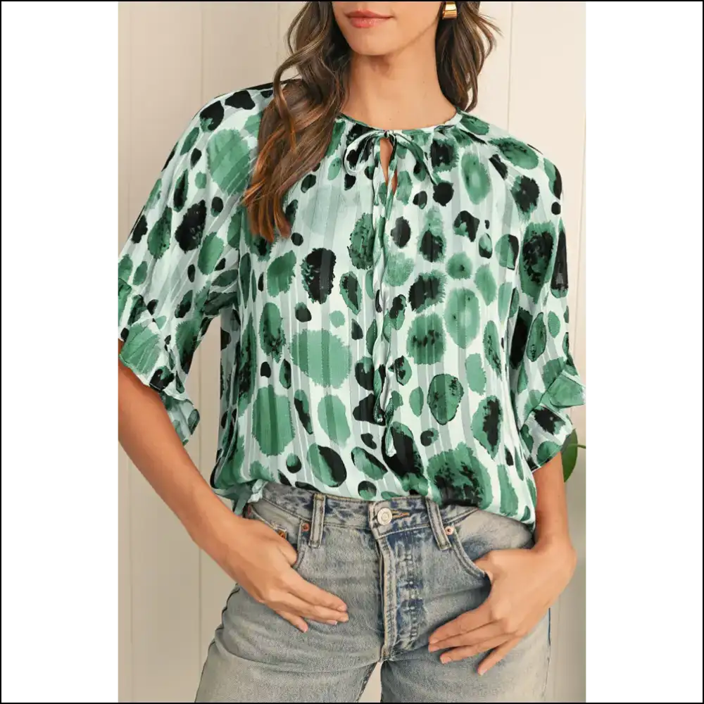 Green Abstract Ruffle: Goddess Chic Blouse ๐ Tie Neck! Needful Things - s - Blouses on Sale Worldwide Shipping