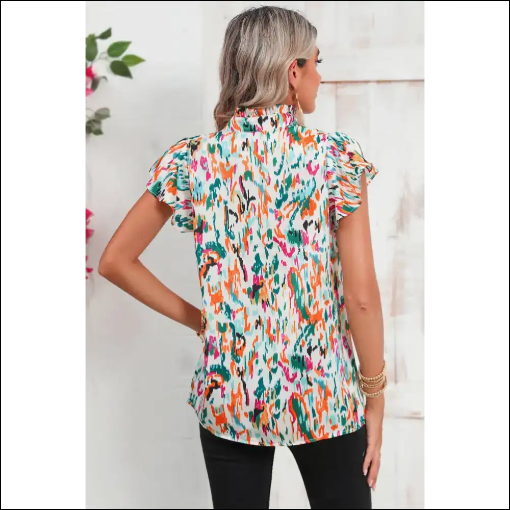 Green Abstract Ruffle Sleeve Blouse: Brunch Boss π - Blouses on Sale Worldwide Shipping
