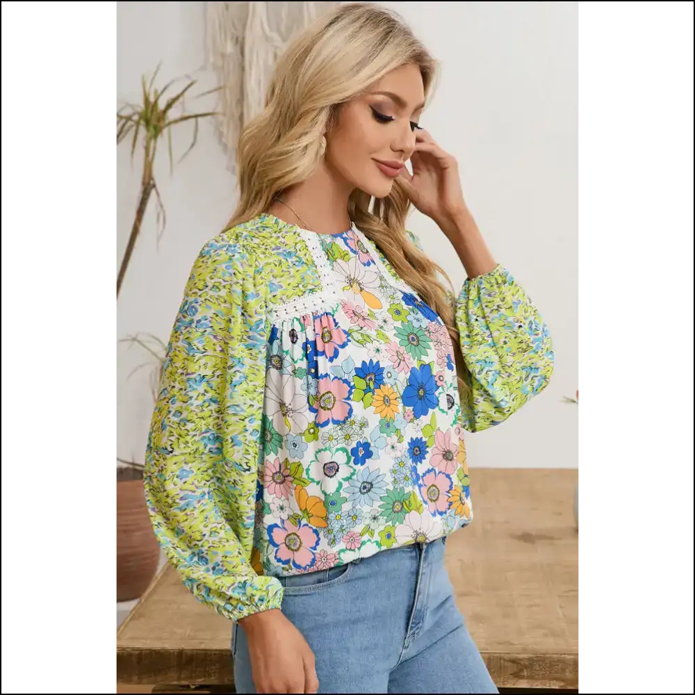 Green Bubble Sleeve Floral Blouse: from Drab to Fab! π Needful Things - Blouses on Sale Worldwide Shipping
