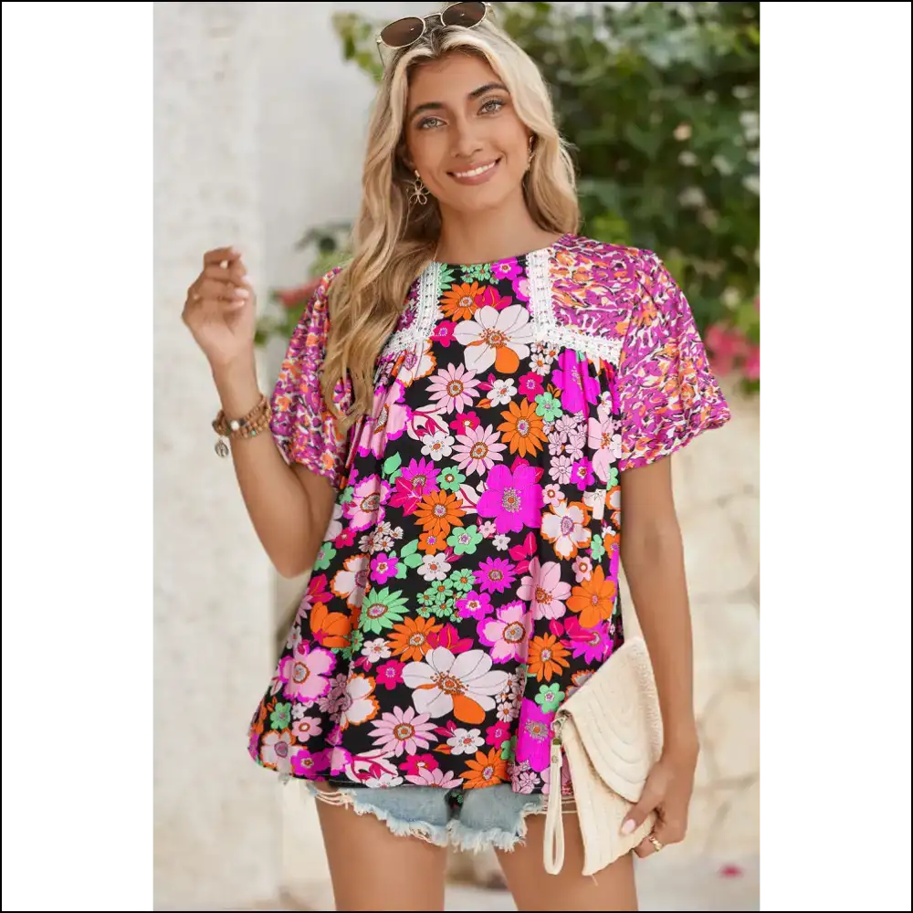 Green Bubble Sleeve Floral Blouse so Fancy it Burped Flowers - Blouses on Sale Worldwide Shipping