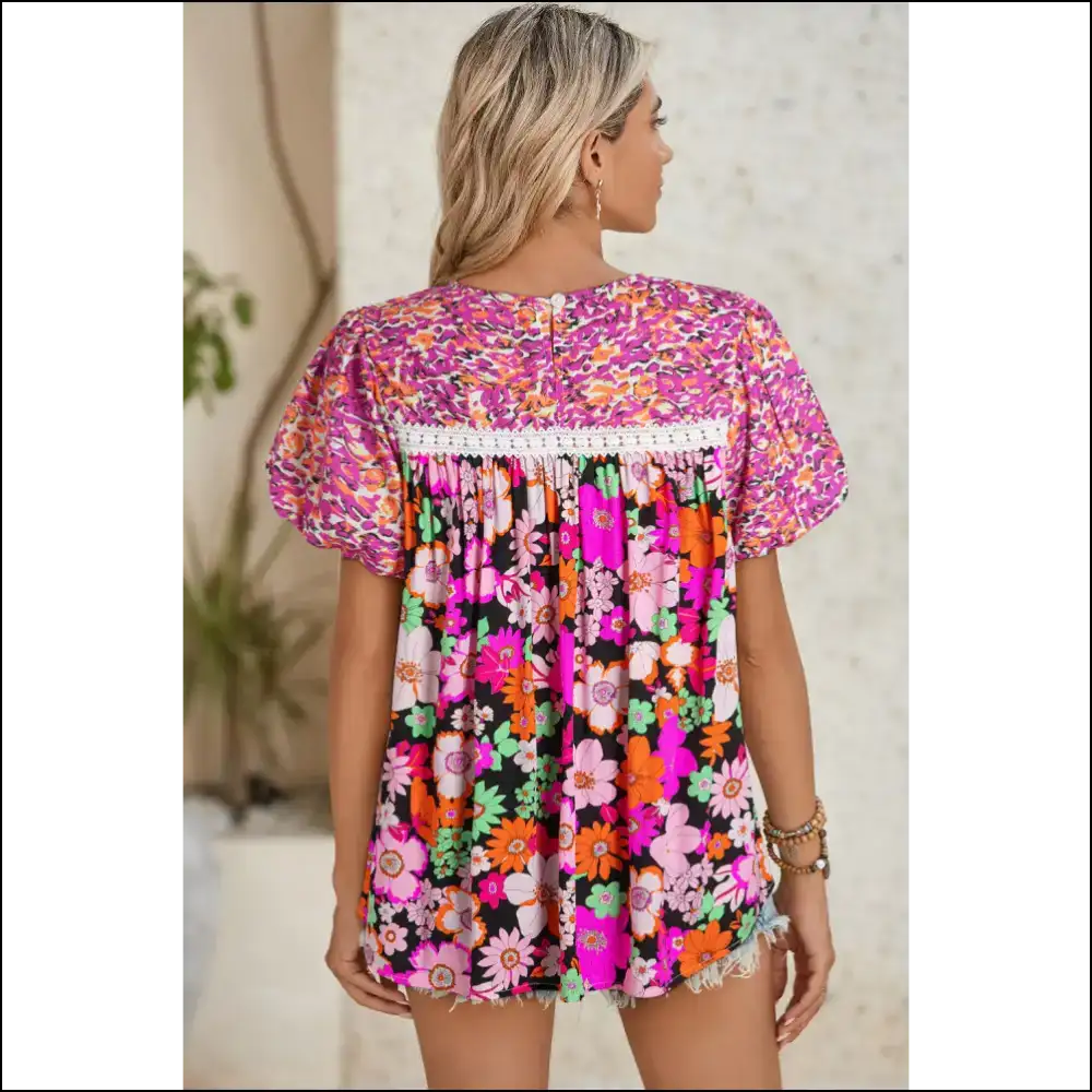 Green Bubble Sleeve Floral Blouse so Fancy it Burped Flowers - Blouses on Sale Worldwide Shipping
