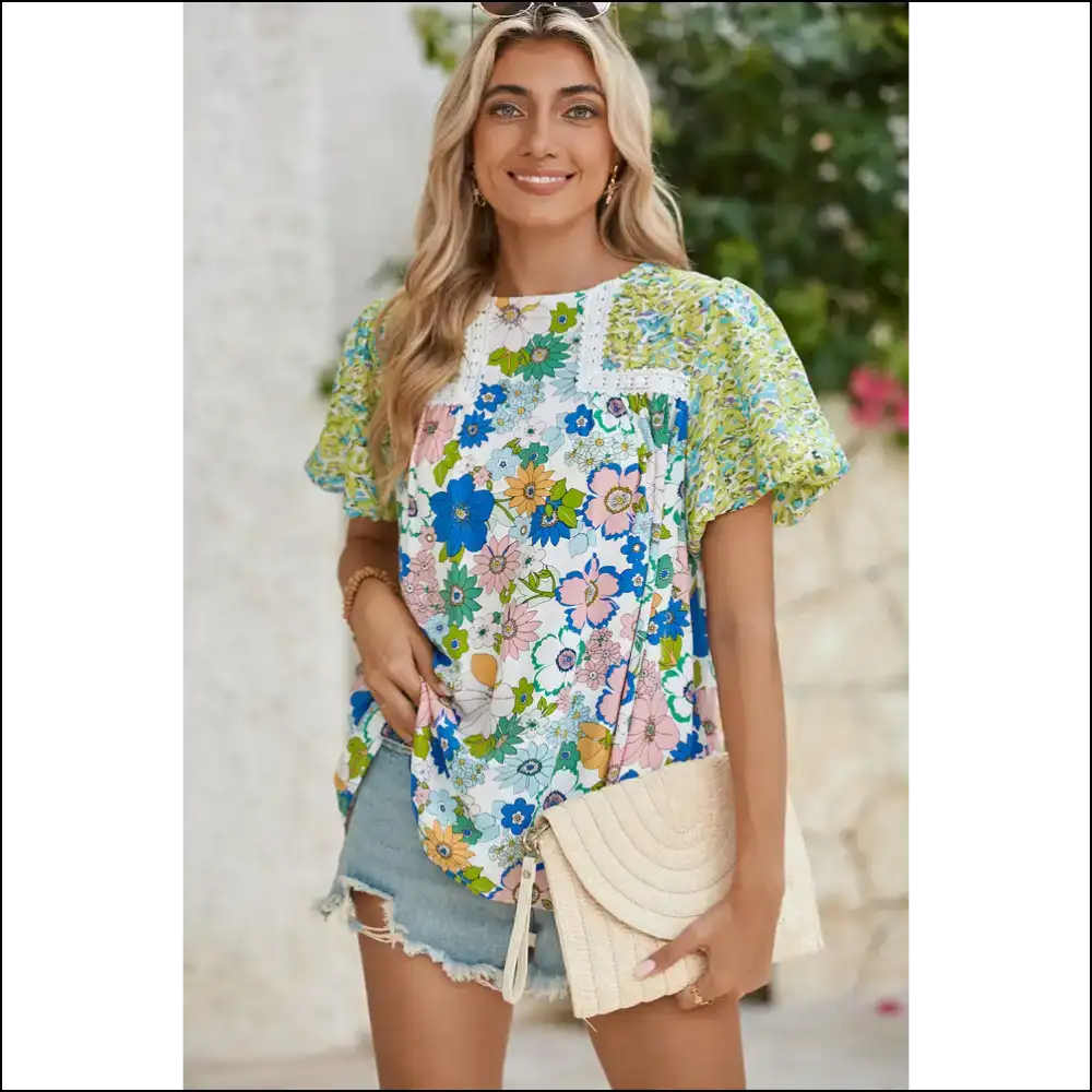 Green Bubble Sleeve Floral Blouse so Fancy it Burped Flowers - s - Blouses on Sale Worldwide Shipping