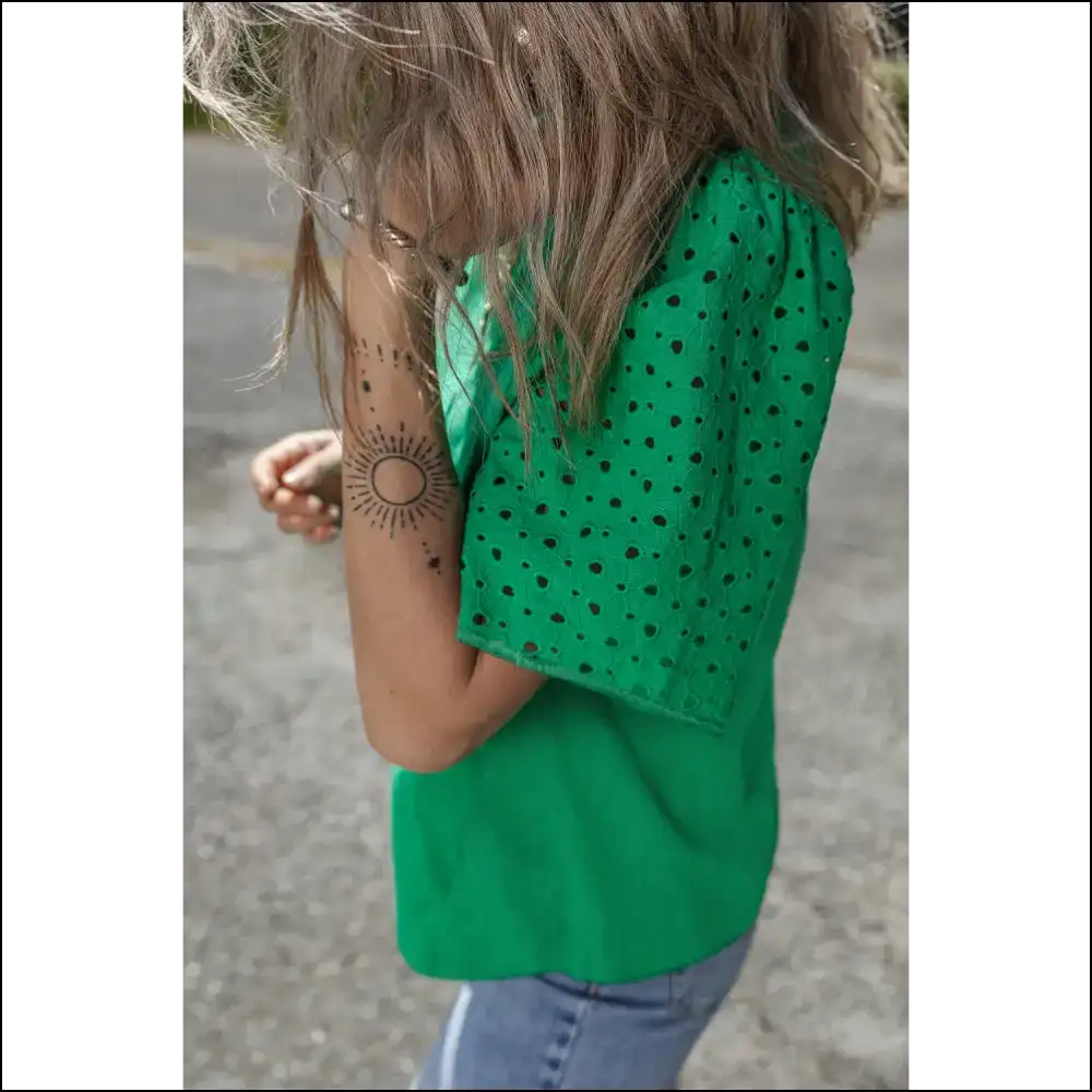 Green Eyelet Top so Bright Youll Need Shades - Blouses on Sale Worldwide Shipping