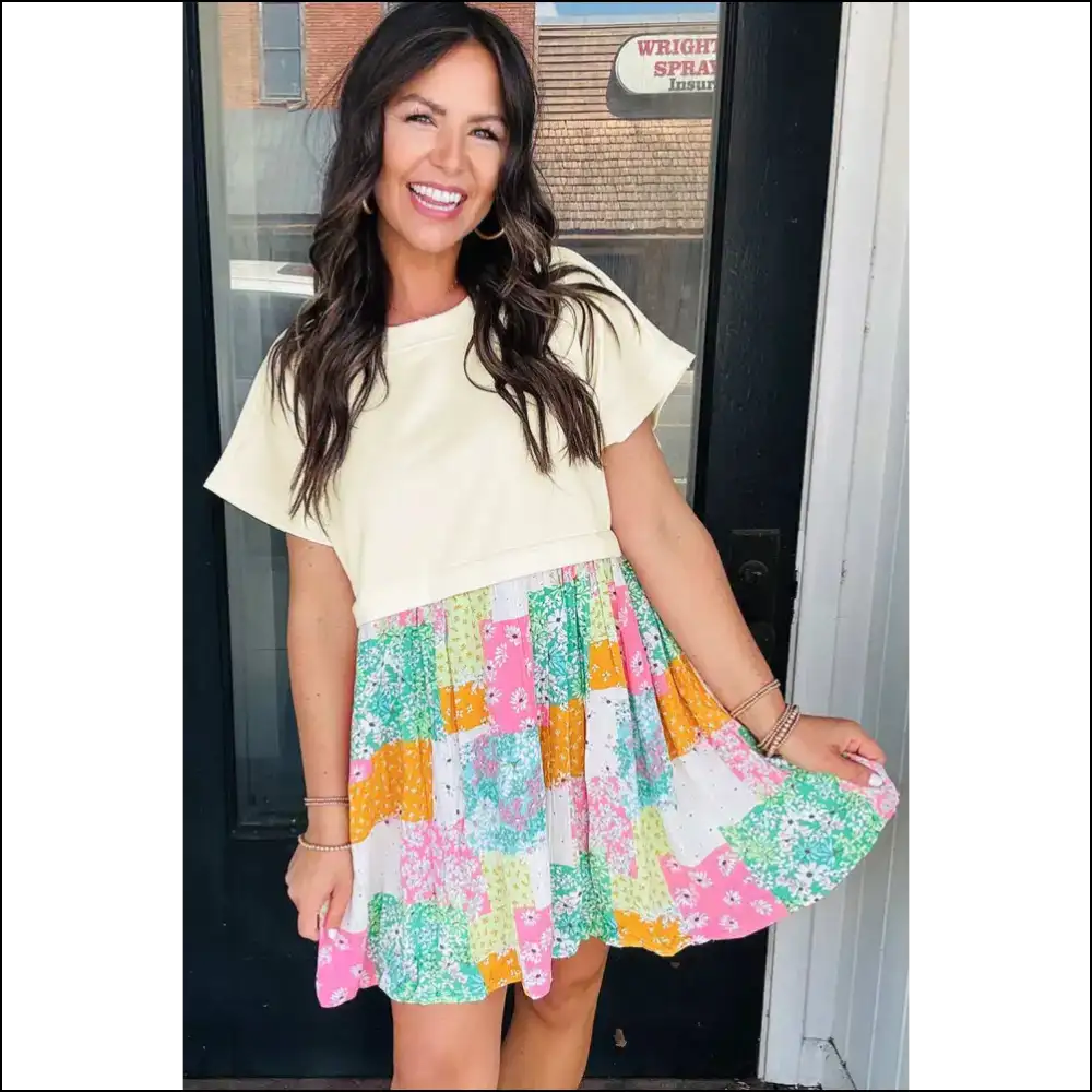 Green Floral Patchwork Mini Dress: Prepare for Fabulousness! 🐸 Needful Things - Short Dresses on Sale Worldwide Shipping