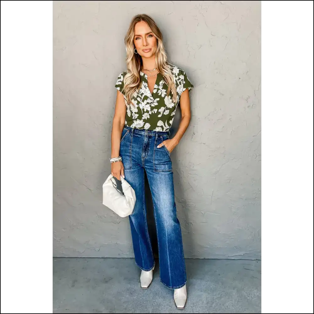 Green Floral Split Neck Blouse my Wardrobe’s Having a Moment - Blouses on Sale Worldwide Shipping