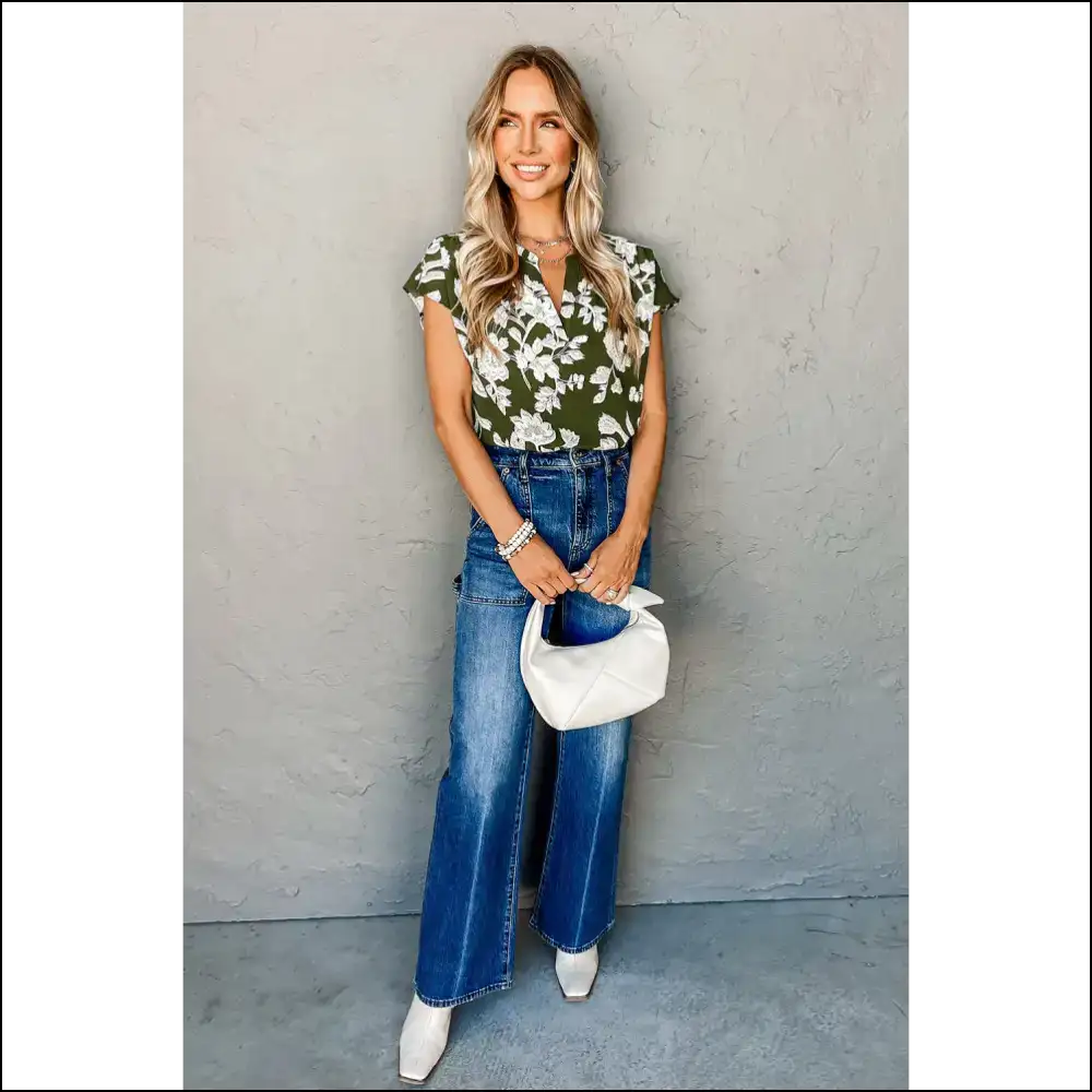 Green Floral Split Neck Blouse my Wardrobe’s Having a Moment - Blouses on Sale Worldwide Shipping