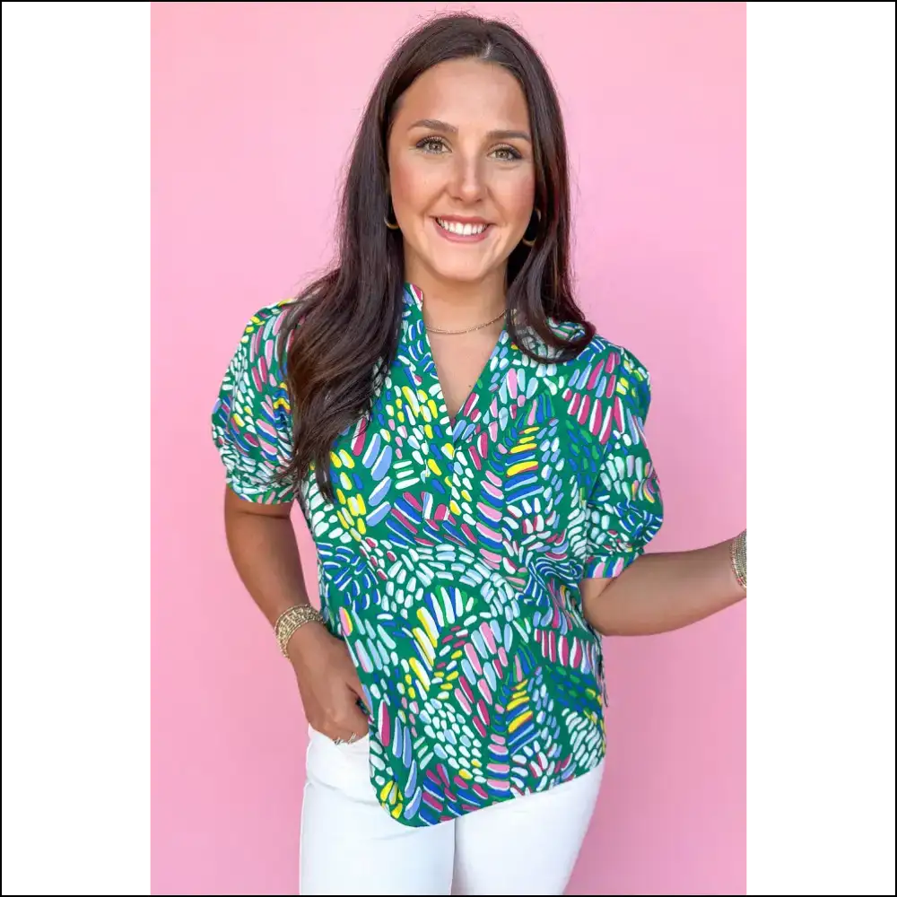 Green Geometric Print Blouse: Geometrically Hilarious! Needful Things. π - Blouses on Sale Worldwide Shipping